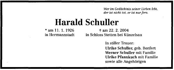 Schuller Harald 1926-2004 Todesanzeige